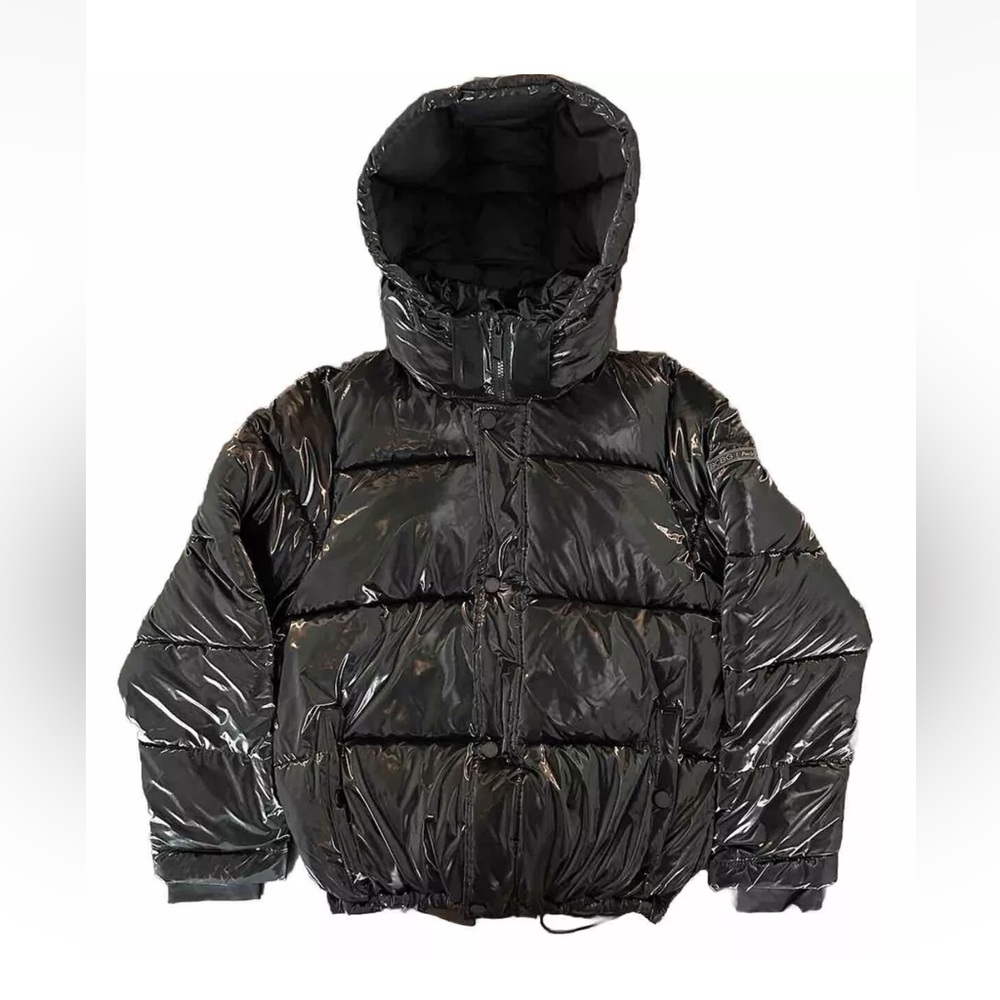 BCBG Paris Premium Performance Womens Black Hooded Puffer Coat Jacket Zip Medium